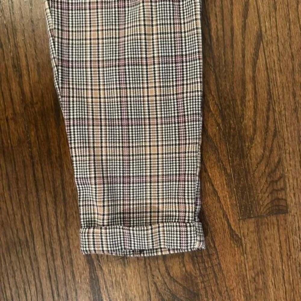 Plaid Work Trousers Black Tan Pink With Tie High-Waisted Size Small Office Prep